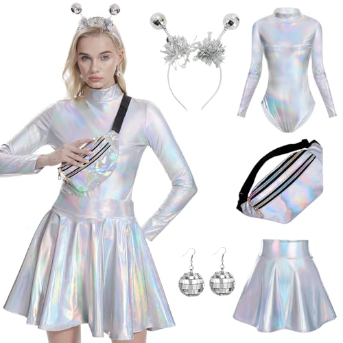 Joellfuner Alien Kostüm Damen, Space Girl Kostüm, Body Silber Kostüm Set mit Glitzer Oberteil, Rock, Bauchtasche, Alien Haarreif und Ohrringe, Maskerade Karneval Kostüm Damen, Cosplay (XXL) von Joellfuner