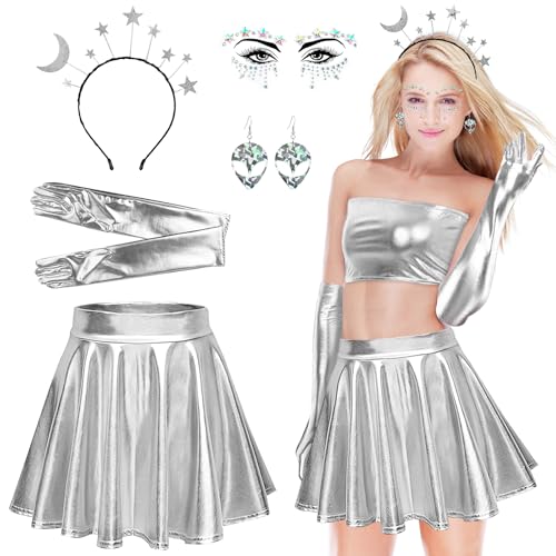 Joellfuner Alien Kostüm Set für Damen, 5 Stück Cosplay Metallic Glitzer Outfits, Metallischer Faltenrock, Handschuhe, Ohrringe, Sterne Mond Haarreif, Diamant-Aufkleber, für Karneval Mottoparty (L) von Joellfuner