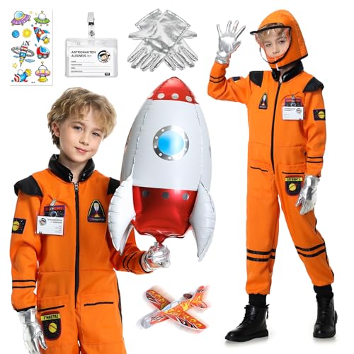 Joellfuner Astronaut Kostüm Kinder, Astronauten Kostüm für Kinder mit Helm Handschuhe, Raumanzug Kinder Space Jumpsuit Cosplay Kostüm für Karneval (Orange, L) von Joellfuner