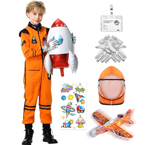 Joellfuner Astronaut Kostüm Kinder, Astronauten Kostüm für Kinder mit Helm Handschuhe, Raumanzug Kinder Space Jumpsuit Cosplay Kostüm für Karneval (Orange, S) von Joellfuner