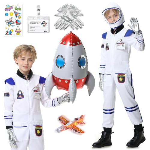 Joellfuner Astronaut Kostüm Kinder, Astronauten Kostüm für Kinder mit Helm Handschuhe, Raumanzug Kinder Space Jumpsuit Cosplay Kostüm für Karneval (Weiß, L) von Joellfuner