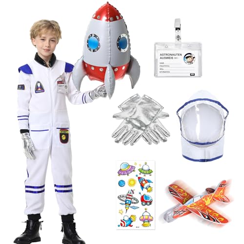 Joellfuner Astronaut Kostüm Kinder, Astronauten Kostüm für Kinder mit Helm Handschuhe, Raumanzug Kinder Space Jumpsuit Cosplay Kostüm für Karneval (Weiß, M) von Joellfuner