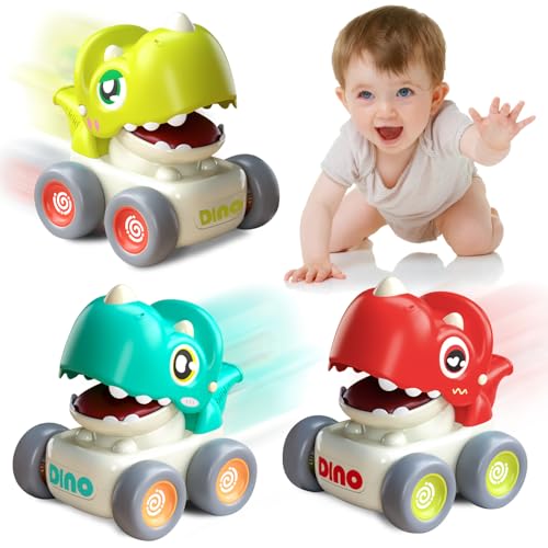 Joellfuner Baby Spielzeug Auto, Auto Baby Press and Go, 3 Stück Dinosaurier Auto Spielzeug mit Trillerpfeife, Aufziehauto Baby Bewegliche Entfernung 4-5 Meter, Spielzeugautos für 1 2 3 4 Jahren von Joellfuner