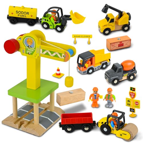 Joellfuner Baufahrzeuge Kinder Holzspielzeug, Magnetisch Baustelle Kran Spielzeug mit Turmkran Bagger Kranwagen Muldenkipper Straßenwalze, Konstruktionsfahrzeuge Geschenk Kinder Junge 2 3 4 5 Jahre von Joellfuner