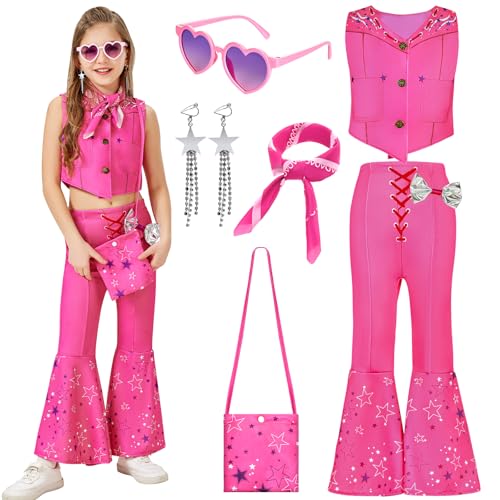 Joellfuner Cowgirl Kostüm Mädchen, Cowgirl Outfit Mädchen,cowgirl kostüm Rosa Hippie Kostüm, Cowboy Kostüm Kinder Cosplay Disco Kostüm, Karneval Verkleidung Partykleid Rosa Für Mädchen (110) von Joellfuner