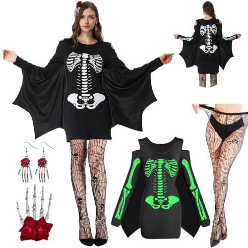 Joellfuner Fledermaus Kostüm Damen, Halloween Fledermaus Outfit Erwachsene, Glow Halloween SkelettKleid Damen, Schwarze Skelett Kostüm Damen mit Strümpfe, Haarspangen, Ohrringe für Erwachsene von Joellfuner