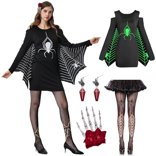 Joellfuner Fledermaus Kostüm Damen, Halloween Fledermaus Outfit Erwachsene, Glow Halloween Kleid Damen Spinne, Schwarze Spinne Fledermaus Kleid mit Strümpfe, Haarspangen, Ohrringe für Erwachsene von Joellfuner