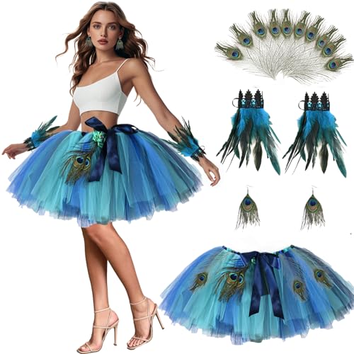 Joellfuner Damen Pfau Kostüm, Blau Grün Pfau Tüllrock mit 10 Pfauenfedern, Feder Armband, Ohrringe, Tutu Rock Pfau Kostüm Halloween Karneval Mottoparty Cosplay, Fasching Party Kostüm Zubehör von Joellfuner