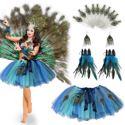 Joellfuner Damen Pfau Kostüm, Blau Grün Pfau Tüllrock mit 10 Pfauenfedern, Feder Armband, Ohrringe, Tutu Rock Pfau Kostüm Halloween Karneval Mottoparty Cosplay, Fasching Party Kostüm Zubehör von Joellfuner