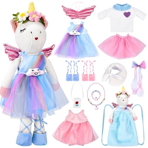 Joellfuner Einhorn Kuscheltier, Einhorn Geschenke für Mädchen, Einhorn Stofftier Plüschtier mit 3 Outfits und Rucksack, Einhorn Dress Up Spielzeug für Mädchen ab 3 4 5 6 7 8 Jahre von Joellfuner