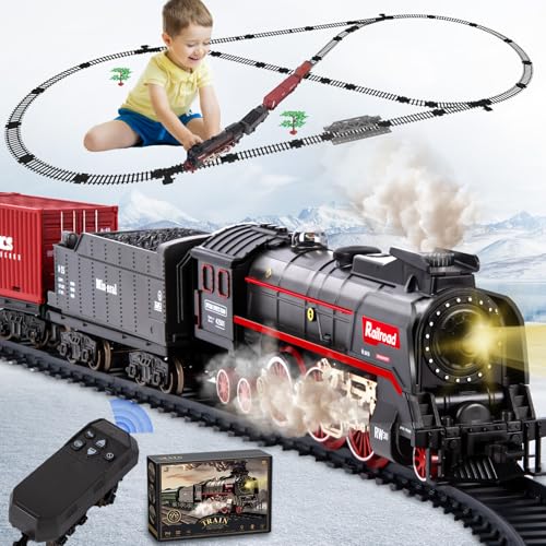 Joellfuner Elektrische Zug Spielzeug, Eisenbahn Kinder Elektrisch, Fernbedienung Dampfzug Spielzeug für Kinder mit Dampf, Sounds und Lights, Weihnachtszug um den Baum Geschenk für Kinder von Joellfuner