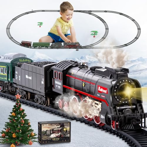 Joellfuner Elektrische Zug Spielzeug, Eisenbahn Kinder Elektrisch, Dampfzug Spielzeug mit Schienen, Dampf, Licht & Geräuschen, Weihnachtszug um den Baum Geschenk für Kinder (Zug) von Joellfuner