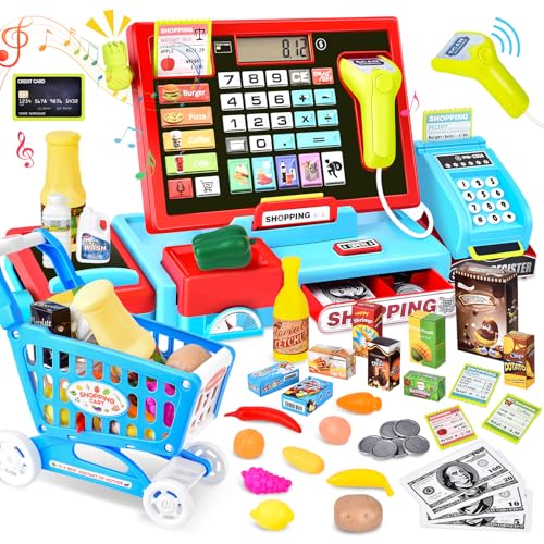 Joellfuner Elektronische Kasse Spielzeug für Kinder - inkl. Zubehör( Scanner, Rechnerfunktion, Zahlungsterminal, Spielgeld usw.), Supermarktkasse für EIN Rollenspiel, Spielkasse für Kinder 3+ Jahren von Joellfuner