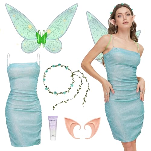 Joellfuner Elfen Kostüm Damen, Feen Kostüm Damen, Waldfee Kleid Damen mit Fee Flügel & Elfenohren & Blumenkranz, Märchenwald Kostüm Damen für Erwachsene Karneval Cosplay Forest Fairy (L) von Joellfuner