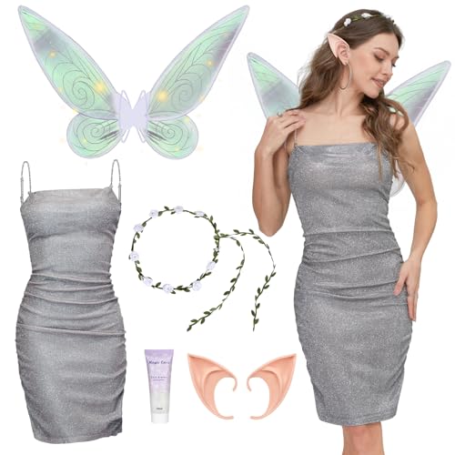 Joellfuner Elfen Kostüm Damen, Feen Kostüm Damen, Waldfee Kleid Damen mit Fee Flügel & Elfenohren & Blumenkranz, Märchenwald Kostüm Damen für Erwachsene Karneval Cosplay Forest Fairy (L) von Joellfuner