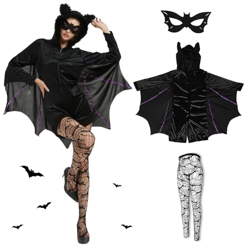 Joellfuner Fledermaus Kostüm Damen, Frauen Schwarz Fledermaus Overall mit Kapuze, Damen Schwarz Fledermaus Reißverschluss Hoodie mit 1xAugenmaske, 1xNetzstrümpfe für Halloween Karneval Fasching (XXL) von Joellfuner