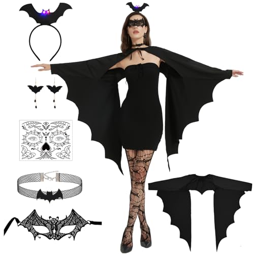 Joellfuner Fledermaus Kostüm Damen, Schwarz Halloween Fledermaus Kostüm Umhang, Mit LED-Stirnband, Augenmasken, Halsketten, Ohrringe und Gesichtsaufkleber, Erwachsene Vampire Kostüm Halloween Cosplay von Joellfuner