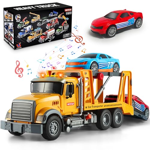 Joellfuner Abschleppwagen Spielzeug, 1:12 Großer Abschlepper Spielzeug mit 2 Rennwagen, Transporter LKW Lastwagen Abschleppauto mit Licht und Sound, Spielzeug Geschenk für Kinder ab 3 Jahre von Joellfuner