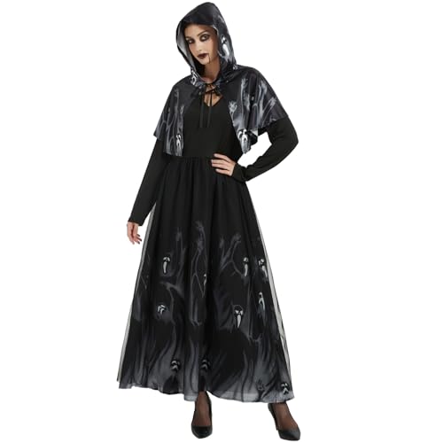 Joellfuner Halloween Hexen Kostüme Damen, Schwarzer Hexenkostüm Lange Kleid mit Umhang Kapuze, Geisterbraut Kostüm Damen Horror Skelett, Kostüm Erwachsene Vampir für Halloween, Karneval Partys (XXL) von Joellfuner