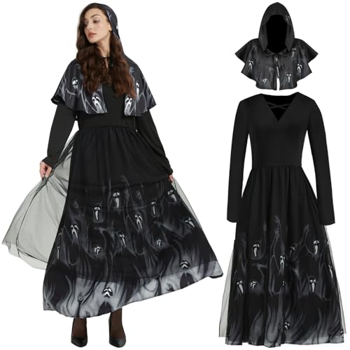 Joellfuner Halloween Hexen Kostüme Damen, Schwarzer Hexenkostüm Lange Kleid mit Umhang Kapuze, Geisterbraut Kostüm Damen Horror Skelett, Kostüm Erwachsene Vampir für Halloween, Karneval Partys (L) von Joellfuner