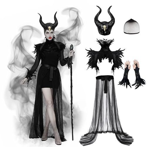 Joellfuner Maleficent Kostüm Damen, Victorian Gothic Teufel Flügel Kostüm, Königin Hörner Federumhang und Tüllrock Langer, Teufelshörner Kostüm für Damen Karneval Cosplay Halloween von Joellfuner