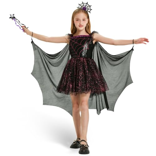 Joellfuner Hexe Kostüm für Mädchen, Spinne Halloween Hexenkostüm mit Zauberstab, Schwärzlich Violett Hexenkleid mit Cape für Mädchen Halloween Karneval Cosplay Partykleid Fasching (L) von Joellfuner