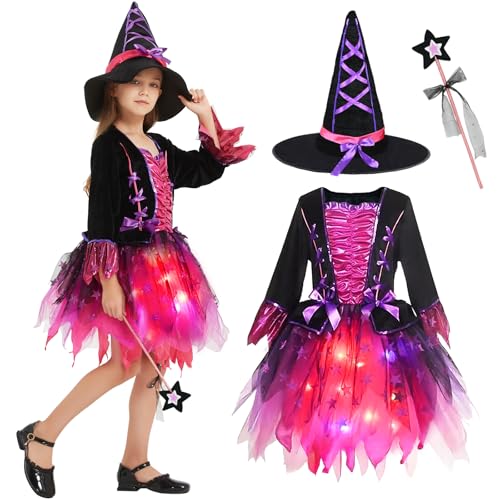 Joellfuner Hexen Kostüm Mädchen, LED Hexenkleid mit Hexenhut und Zauberstab, Cosplay Hexe Kleidung, Kinder Zauberer Verkleiden Hexenkostüm, Mädchen Halloween Karneval Fasching Party Bekleidung (120) von Joellfuner