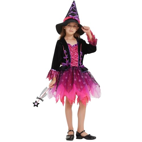 Joellfuner Hexenkleid Mädchen, Halloween Kostüm Kinder, Hexen Kostüm mit Hexenhut Zauberstab, 4-Lagiger Saree Tutu Mädchen Kostüme, Hexen Verkleidung Halloween Karneval Fasching Cosplay Party (100) von Joellfuner