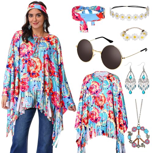 Joellfuner Hippie Kostüm Damen, 6 Stück 60er 70er Hippie Kostüm Set,Kostüm Hippie Frau,Tie Dye Hippie Kostüm Poncho Set, 60 70Jahre Mode Disco Outfit Damen für Karneval Fasching (Blau und Rot Tie-Dye) von Joellfuner