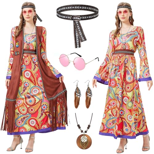 Joellfuner Hippie Kostüm Damen, Hippie Kleidung Damen mit Hippie Kleid und Hippie Weste, 70er Jahre Bekleidung Damen mit Hippie Accessoires, Hippie Kostüm Damen Kleid für Karneval Cosplay (Blume, M) von Joellfuner