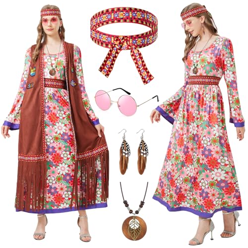 Joellfuner 60er 70er Jahre Hippie Kleid Damen, Hippie Kleidung Damen Set, 70er Jahre Bekleidung Damen Disco Outfit mit Fransenweste, Hippie Kostüm Damen Faschingskostüm Party von Joellfuner