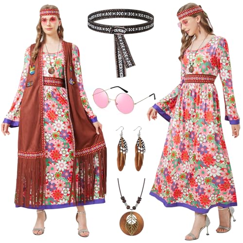 Joellfuner Hippie Kostüm Damen, 70er Jahre Outfit Damen mit Hippie Accessoires, Hippie Kleidung Damen mit Hippie Kleid und Hippie Weste, Kostüm Damen Hippie für Karneval Cosplay von Joellfuner