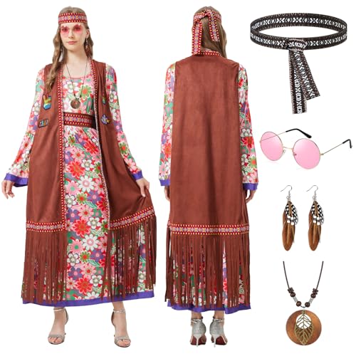 Joellfuner Hippie Kostüm Damen, 70er Jahre Outfit Damen mit Hippie Accessoires, Hippie Kleidung Damen mit Hippie Kleid und Hippie Weste, Kostüm Damen Hippie für Karneval Cosplay von Joellfuner