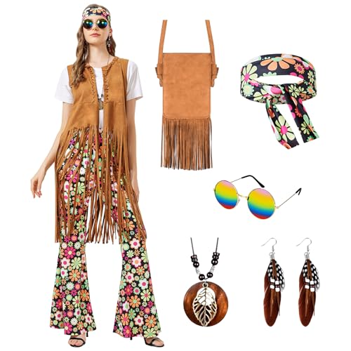 Joellfuner Hippie Kostüm Damen Set, 60er 70er Jahre Outfit Damen, Fransenweste und Hippie Schlaghose mit Sonnenbrille, Stirnband, Halskette, Ohrringe, Karneval Faschingskostüm (Buntes, L) von Joellfuner