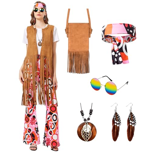 Joellfuner Hippie Kostüm Damen Set, 60er 70er Kostüm Damen Hippie, Hippie Kleidung Damen mit Zubehör, Faschingskostüm Hippie Mottoparty Disco Outfit für Karneval Cosplay Party Dress Up von Joellfuner