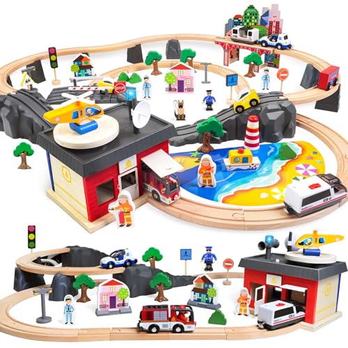 Joellfuner Holzeisenbahn Set, 92 Pcs Spielzeugeisenbahn mit Schienen, Modelleisenbahn-Set mit Elektrische Lok und Feuerwehr, Polizeiauto, Städtebau, Spielzeugeisenbahn Geschenk für Jungen und Mädchen Joellfuner Holzeisenbahn Set, 92 Pcs Spielzeugeisenbahn mit Schienen, Modelleisenbahn-Set mit Elektrische Lok und Feuerwehr, Polizeiauto, Städtebau, Spielzeugeisenbahn Geschenk für Jungen und Mädchen von Joellfuner