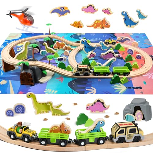 Joellfuner Holzeisenbahn Set, Dino Bahn Schienen mit Zug, Schnecke, Dinosaurier und Dinosaurier-Eiern, Eisenbahnschiene Spielzeug mit Landkarte Geschenke für Kinder ab 3 Jahren (80 Stück) Joellfuner Holzeisenbahn Set, Dino Bahn Schienen mit Zug, Schnecke, Dinosaurier und Dinosaurier-Eiern, Eisenbahnschiene Spielzeug mit Landkarte Geschenke für Kinder ab 3 Jahren (80 Stück) von Joellfuner