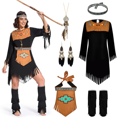 Joellfuner Indianer Kostüm Damen, Indianer Kleid Damen, Indianer Costume Damen Retro Ohrringe Haarband mit Stiefelüberzüge, Gürtel, Kopfbedeckung, Halskette, Ohrringe für Karneval Party (Damen, S) von Joellfuner