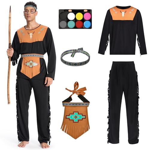 Joellfuner Indianer Kostüm Damen, Indianer Kleid Damen, Indianer Costume Damen Retro Ohrringe Haarband mit Stiefelüberzüge, Gürtel, Kopfbedeckung, Halskette, Ohrringe für Karneval Party (Herren, L) von Joellfuner