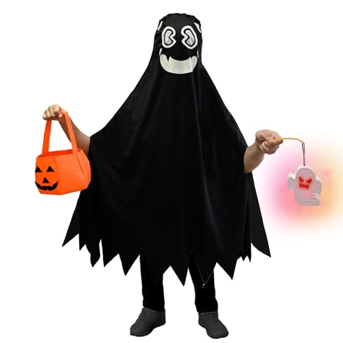 Joellfuner Kinder Geist Robe, Halloween Leuchtend Geister Umhang Kinder mit Kürbis Tasche und farbig Geist Lampe, Gespenst Kostüm Ghoul Kostüm für Halloween Fasching Karneval Cosplay (M 8-10 años) von Joellfuner