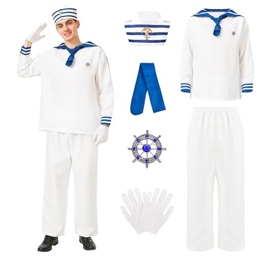 Joellfuner Matrosen Kostüm Herren, Seemann Kostüm Herren, Marine Kostüm Set mit Matrosenhemd, Matrosen Hut, Matrosen Schal, Marinelook kostüm für Karneval und Kapitäns Themenparty, Cosplay (L) von Joellfuner