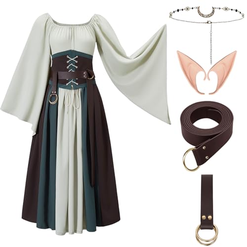 Joellfuner Mittelalter Kleid Damen, Renaissance Viktorianisches Kleid Damen Lang, Trompetenärmel Gothic Kleidung Damen mit Hüftgürtel, Elfenohr, Kopfschmuck für Halloween Karneval (Grün, L) von Joellfuner