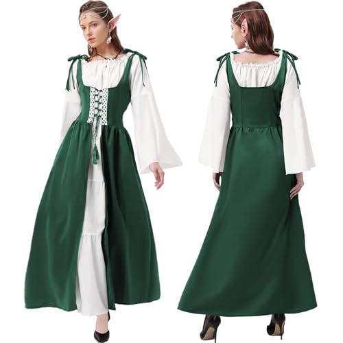 Joellfuner Mittelalter Kostüme Damen, Damen Mittelalterliche Kleid mit Kopf Kette Blumenkranz Elfenohren, Renaissance Kostüm Kleid mit Trompetenärmel, Fake Zweiteiler Cosplay Halloween (grün, XXL) von Joellfuner