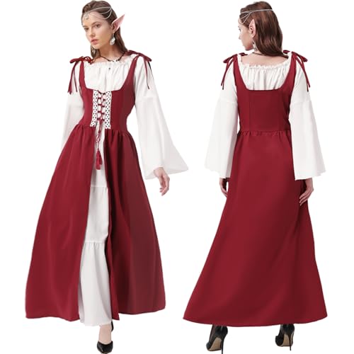 Joellfuner Mittelalter Kostüme Damen, Damen Mittelalterliche Kleid mit Kopf Kette Blumenkranz Elfenohren, Renaissance Kostüm Kleid mit Trompetenärmel, Fake Zweiteiler Cosplay Halloween (rot, L) von Joellfuner