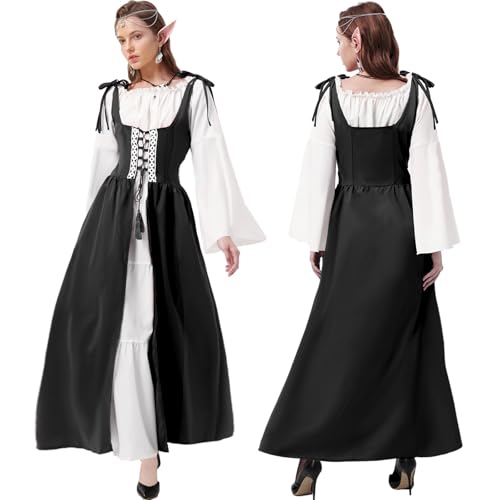 Joellfuner Mittelalter Kostüme Damen, Damen Mittelalterliche Kleid mit Kopf Kette Blumenkranz Elfenohren, Renaissance Kostüm Kleid mit Trompetenärmel, Fake Zweiteiler Cosplay Halloween (schwarz, XL) von Joellfuner