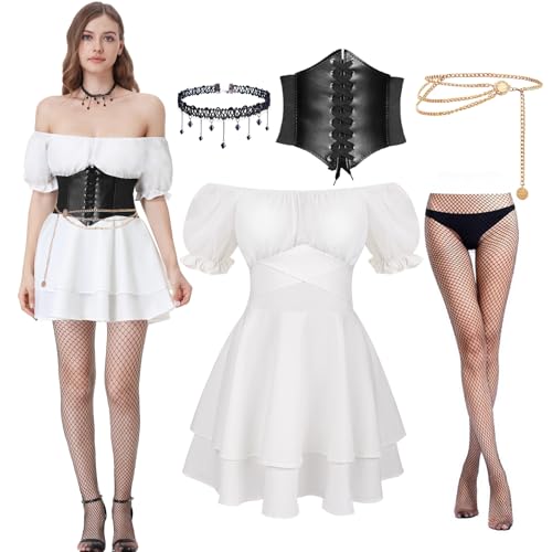 Joellfuner Mittelalter Piratenkostüm Damen, Renaissance Kleid Kurz, Off Shoulder Weißes Kleid mit Korsett Gürtel, Strumpf, Taillenkette und Halskette für Karneval Kostüm Cosplay (Kurzärmelig, L) von Joellfuner