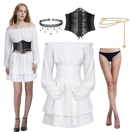 Joellfuner Mittelalter Piratenkostüm Damen, Renaissance Kleid Kurz, Off Shoulder Weißes Kleid mit Korsett Gürtel, Strumpf, Taillenkette und Halskette für Karneval Kostüm Cosplay (Lange Ärmel, M) von Joellfuner