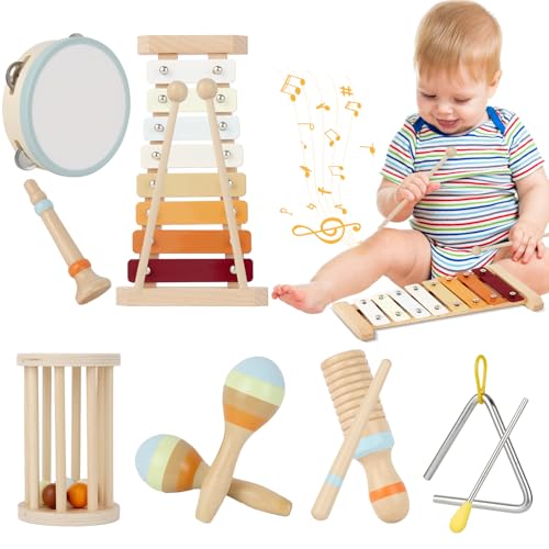 Joellfuner Musikinstrumente Kinder, Percussion Instrumente Set mit 10 Stück Instruments Percussion Holzspielzeug, Holz Percussion Set, Ideal für Kindergarten und Musikalische Früherziehung von Joellfuner