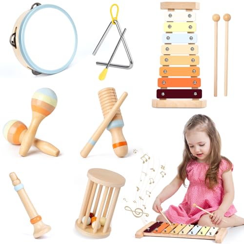 Joellfuner Musikinstrumente für Kinder ab 3 Jahre, Holzspielzeug Montessori Instrumente Set, Musik Spielzeug Holz für Jungen und Mädchen, Trommel Xylophone für Kleinkinder ab 3+ Jahre Geschenke von Joellfuner