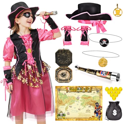 Joellfuner Piratenkostüm Mädchen, Piratenkleid Mädchen, Piratin Kostüm Mädchen mit Teleskop Kompass, Faschingskostüme Kinder Mädchen Piratin für Karneval Cosplay Party Dress Up (L) von Joellfuner